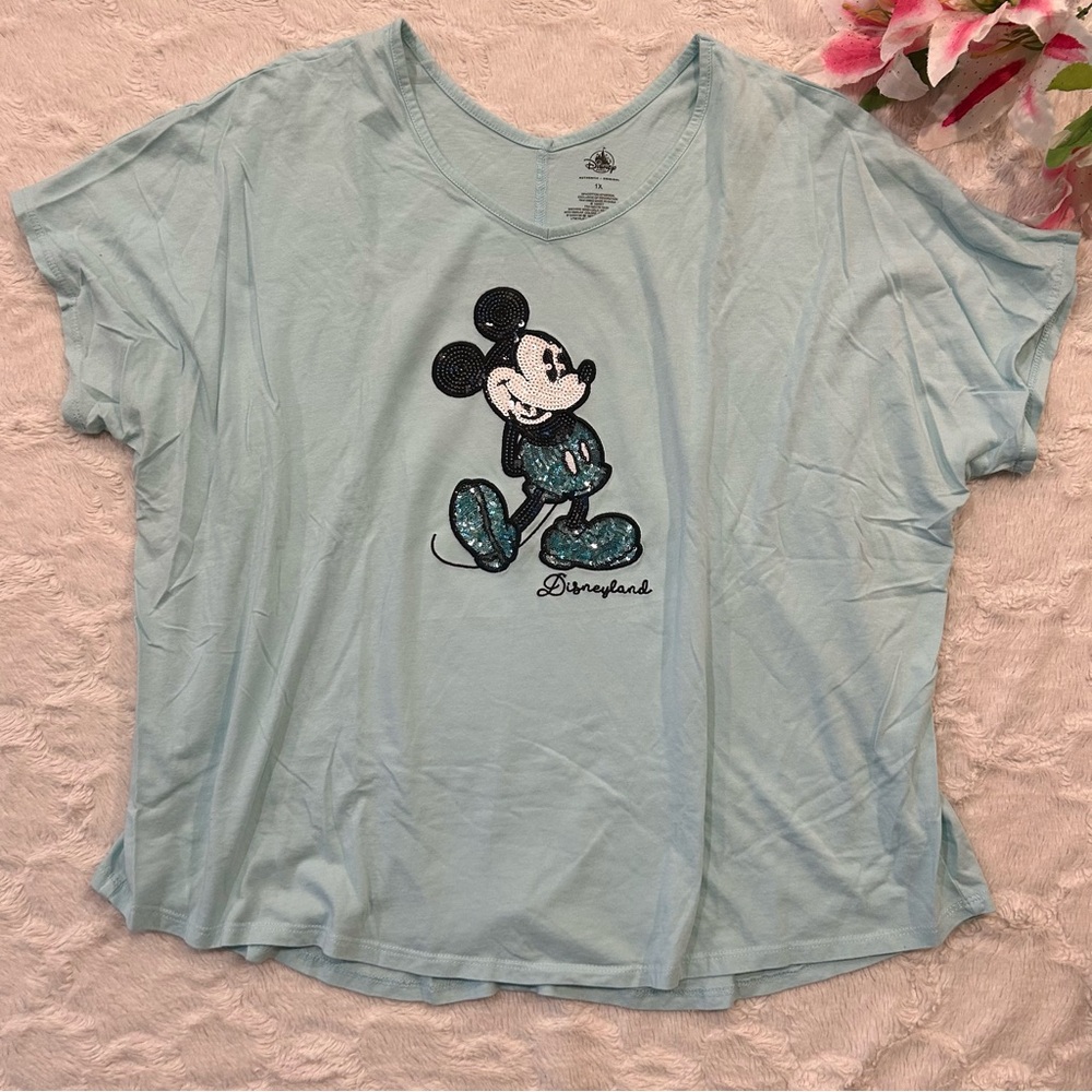 Disney Parks - Mickey Mouse Aqua Sequin Cotton Blend Short Sleeve Dolman Top 1X